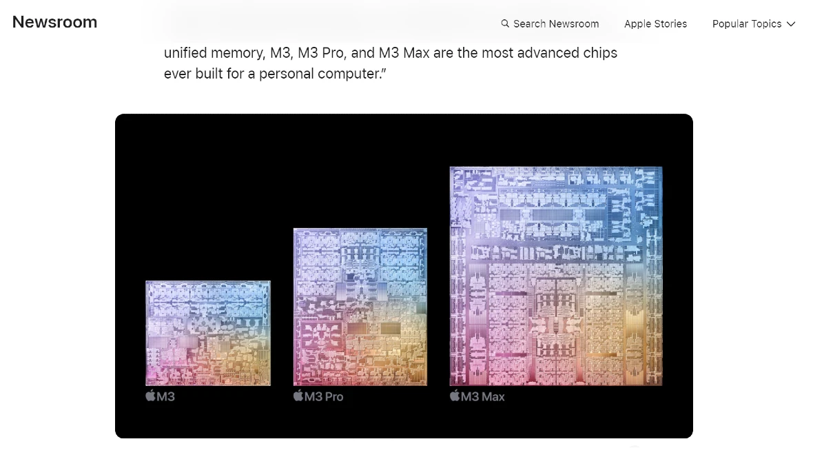 Image of a screenshot of Apple Newsroom presenting the M3 series chip.