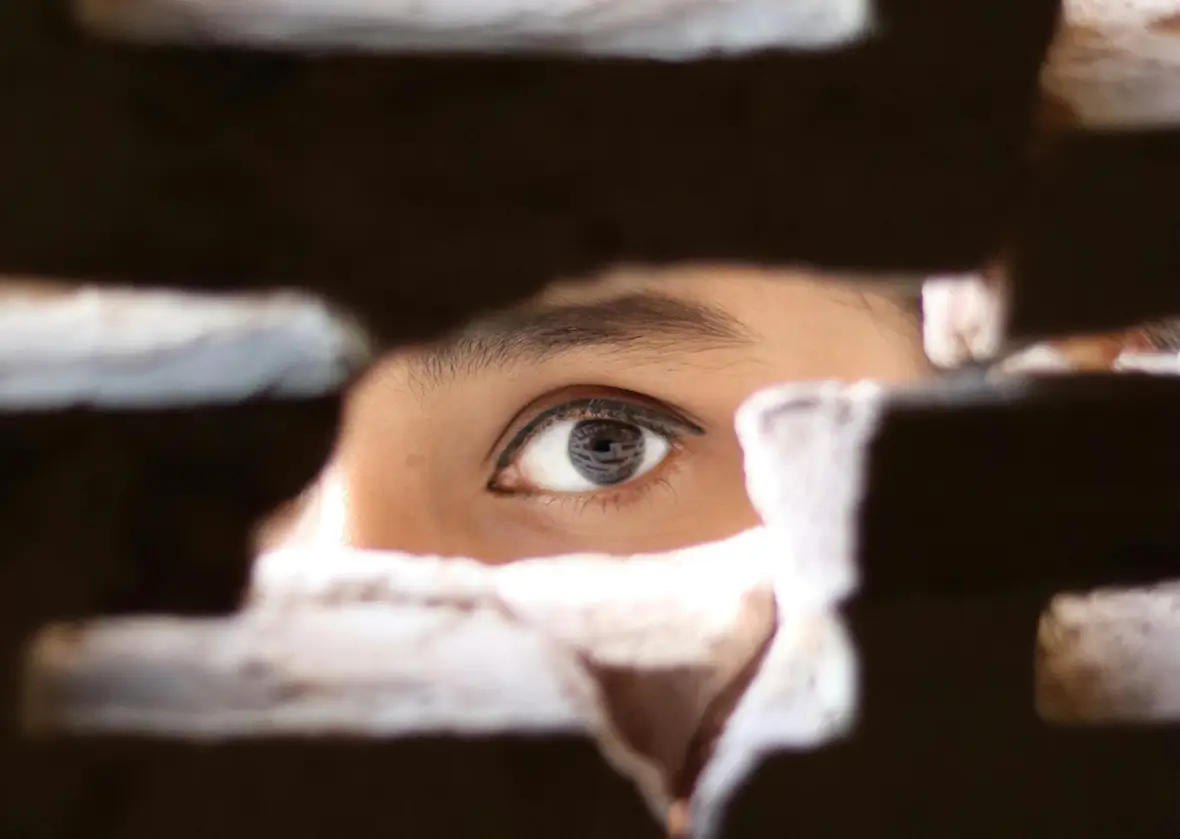 An image of a person peering through a broken wall.