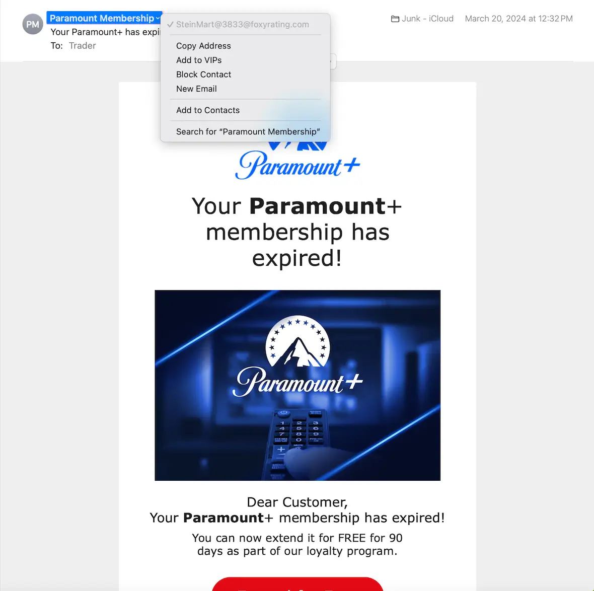 A screenshot showing an example of a fraudulent email sent from a scammer.
