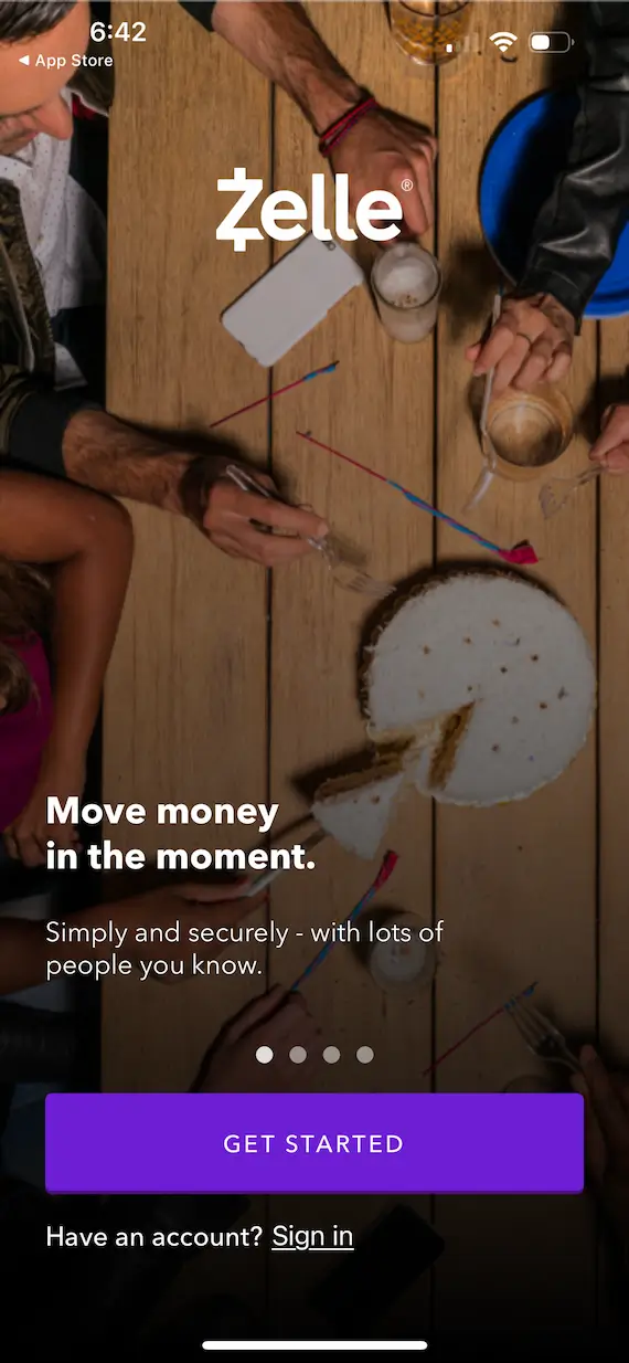 A screenshot of the Zelle payment app.