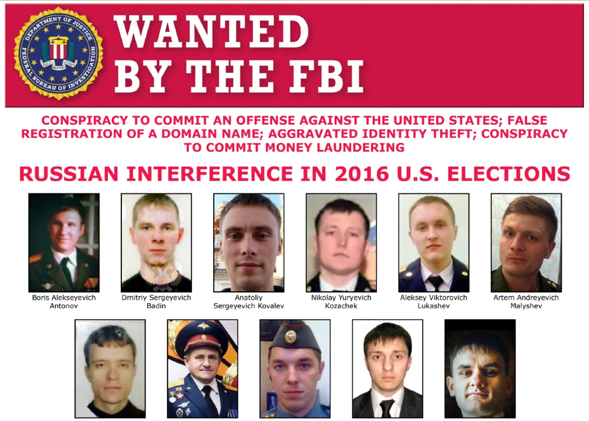 An image of the FBI wanted poster shared after Russian interference in the 2016 US elections. 