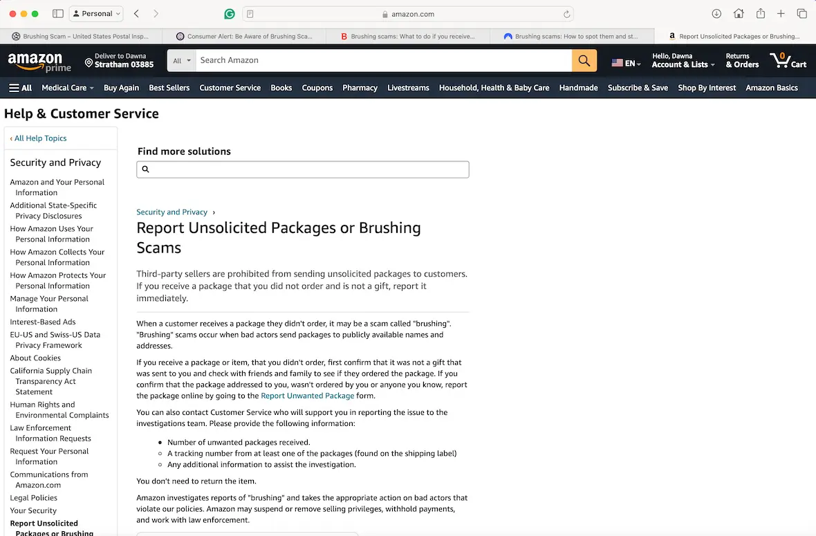 An image showing how to report unsolicited packages or brushing scams on Amazon.