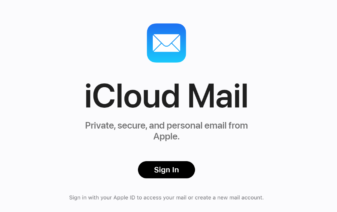 A screenshot of the Apple iCloud Mail sign-in page.