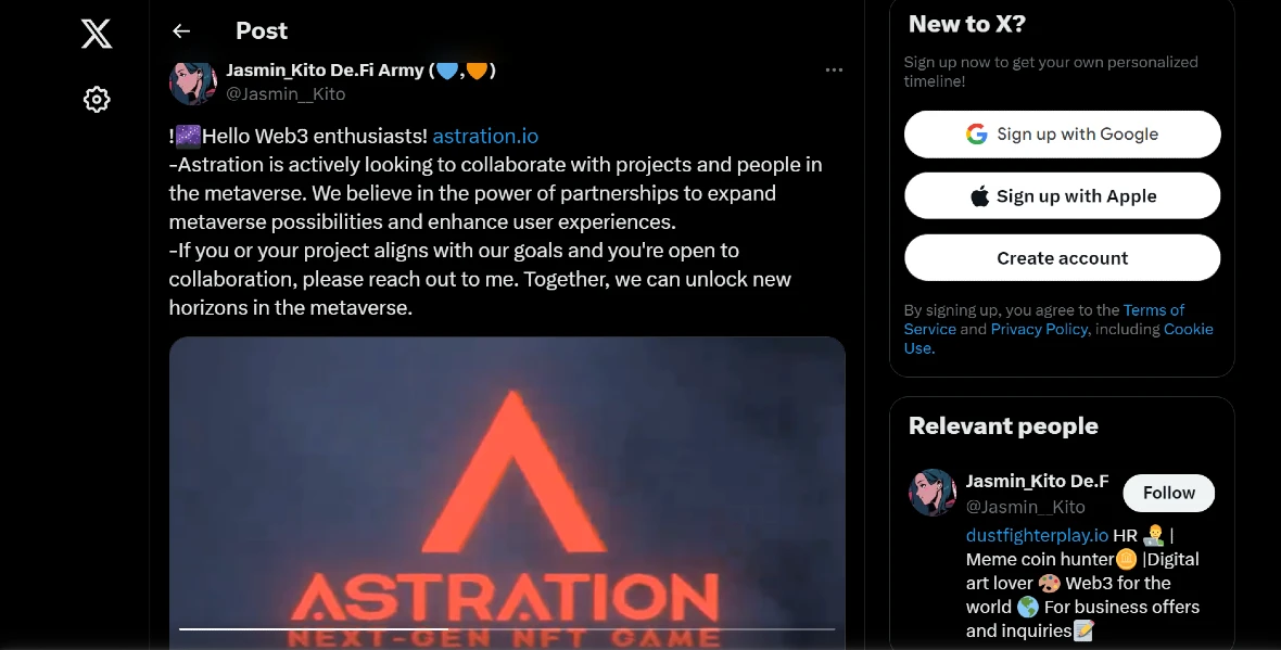 Image of X post promoting the fake Astration project.