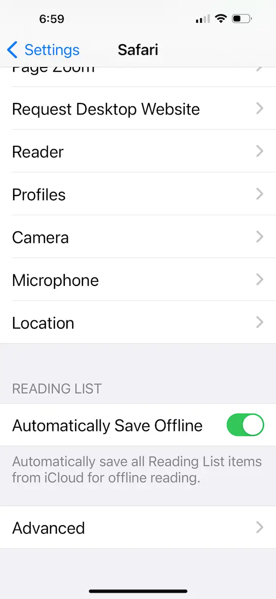 A screenshot showing how to find the Safari app's Advanced Settings.