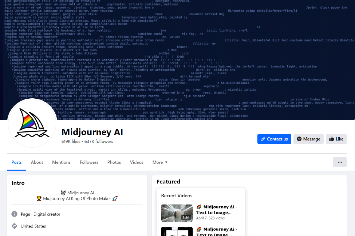 An image of a fake Facebook Midjourney page.