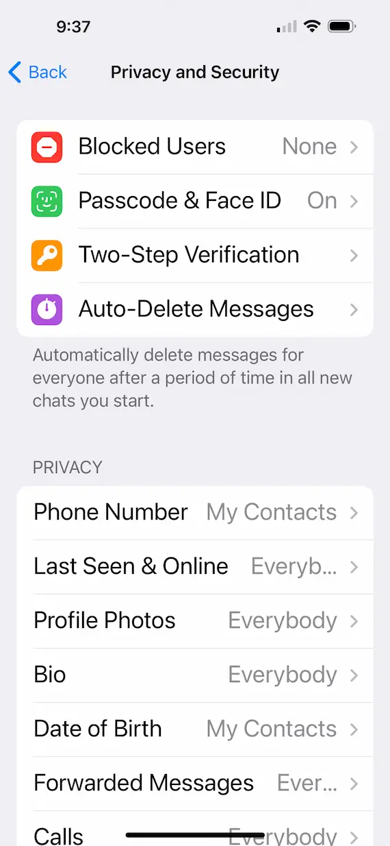 A screenshot of Telegram's encryption options.