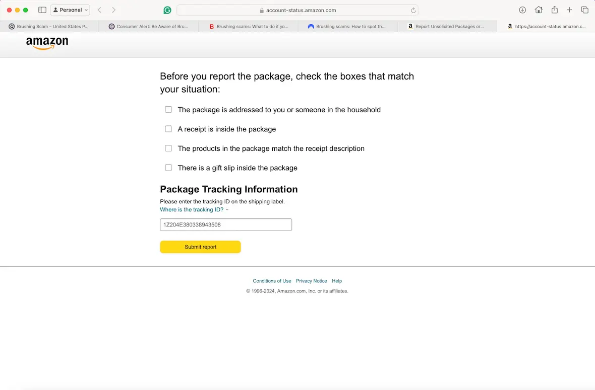 An image showing how to report a package on Amazon.
