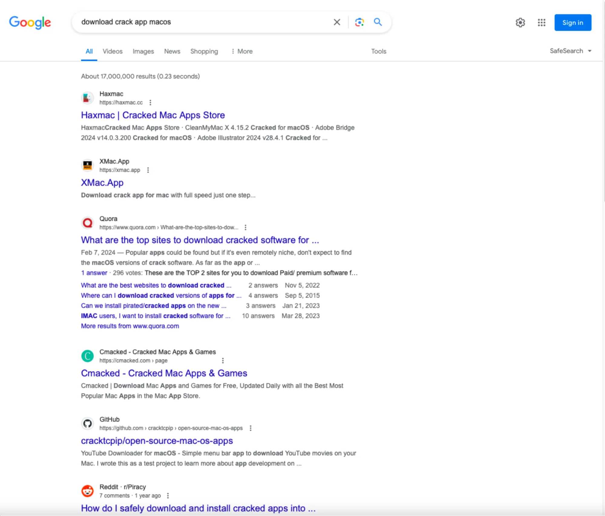 A screenshot of the search results for “download crack app macOS” query.