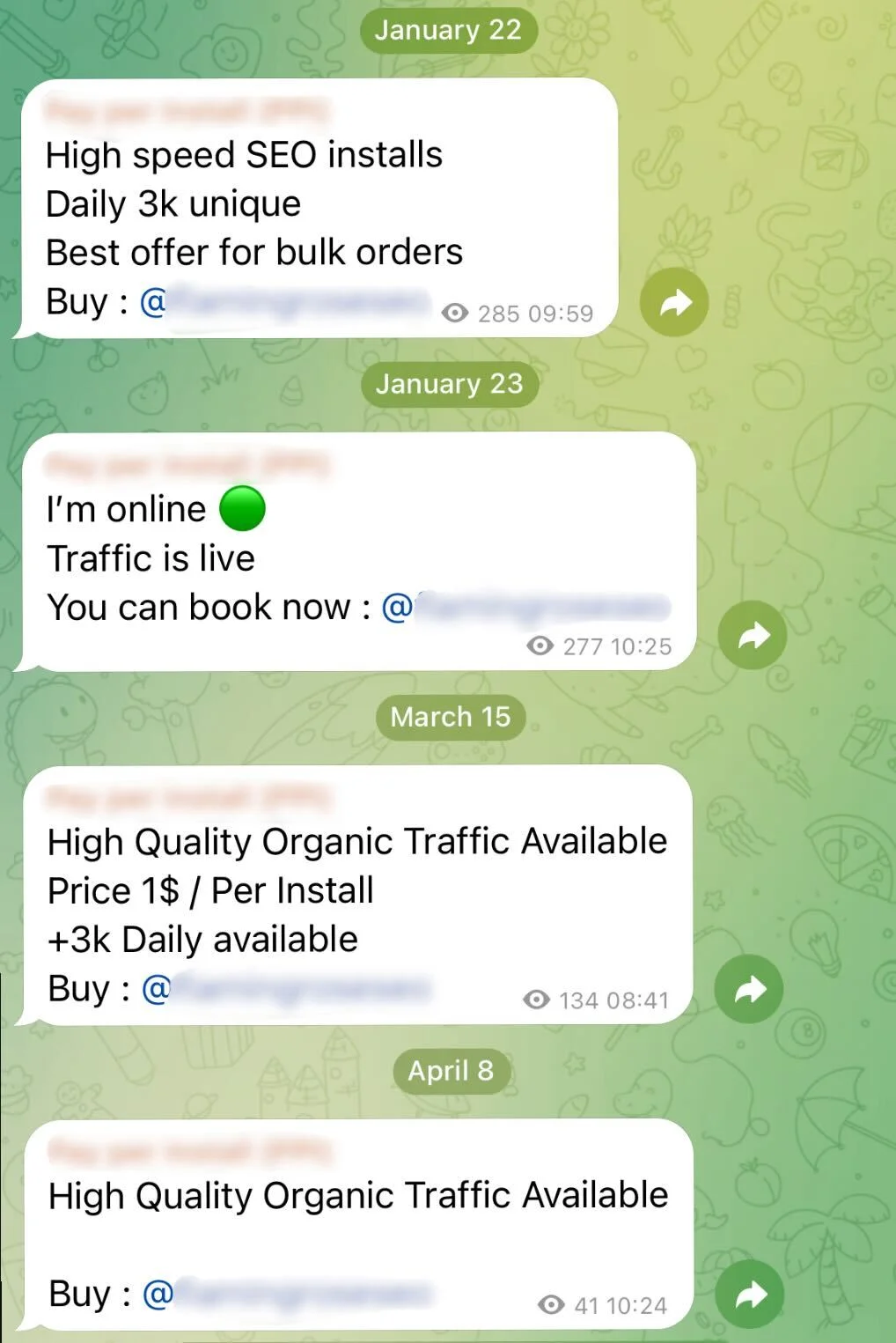 A screenshot of a Telegram channel where PPI service is constantly being promoted.