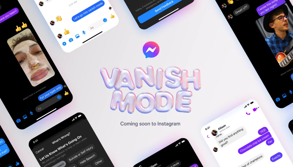 A screenshot of Vanish Mode, another feature Meta copied from Snapchat under its "copy, acquire, or kill" anti-competition strategy.