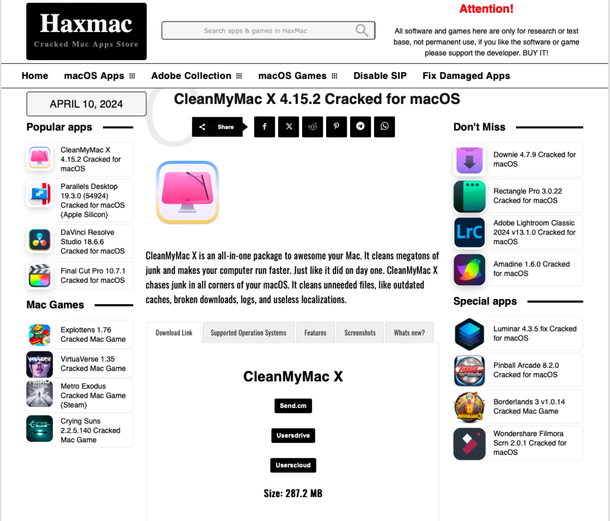 A screenshot of the haxmac[.]cc page after the "Download Now" and "Direct Download" buttons were removed.