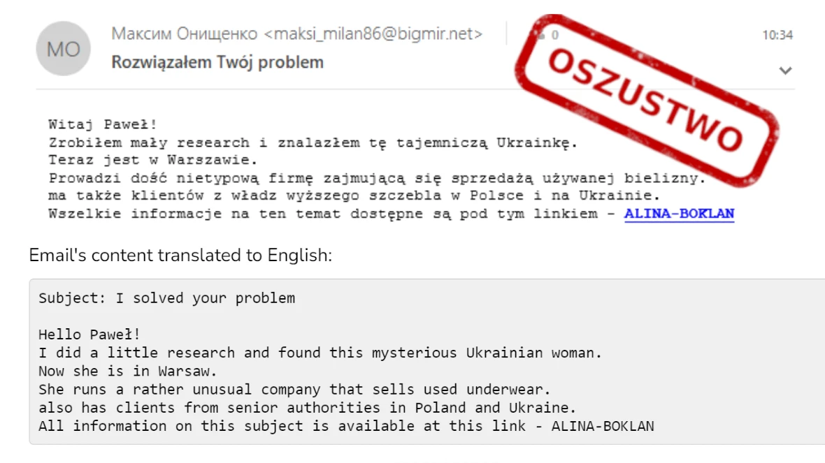 Image of the phishing email used by Russian hackers against Polland CERT-PL.