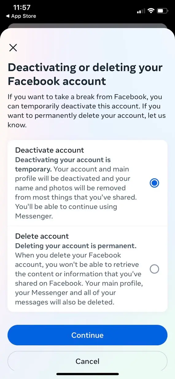 A screenshot of the iPhone Facebook app showing the choice between deactivating or deleting your account, with "Deactivate account" selected.