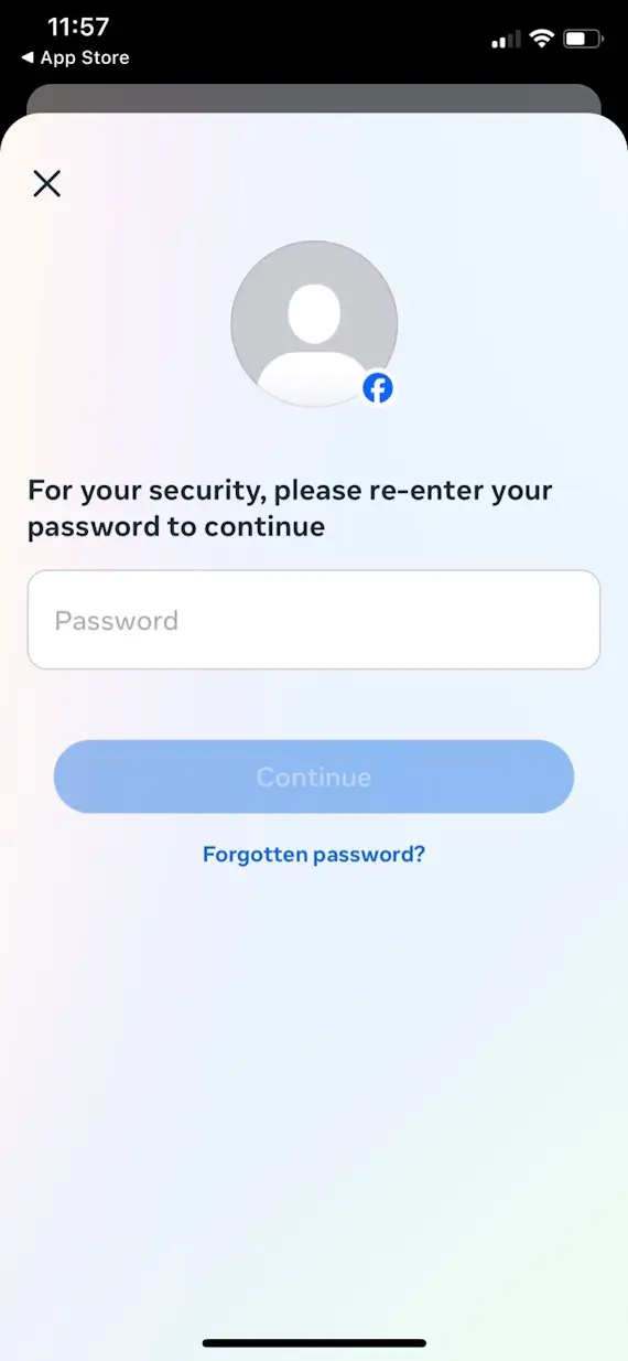 A screenshot of the iPhone Facebook app prompting you for a password to continue to deactivate your account.