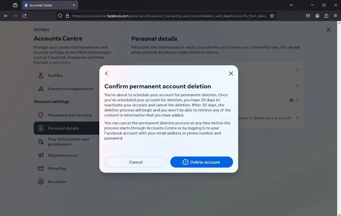 A screenshot of a desktop browser showing a Facebook prompt asking the user to confirm permanent account deletion.