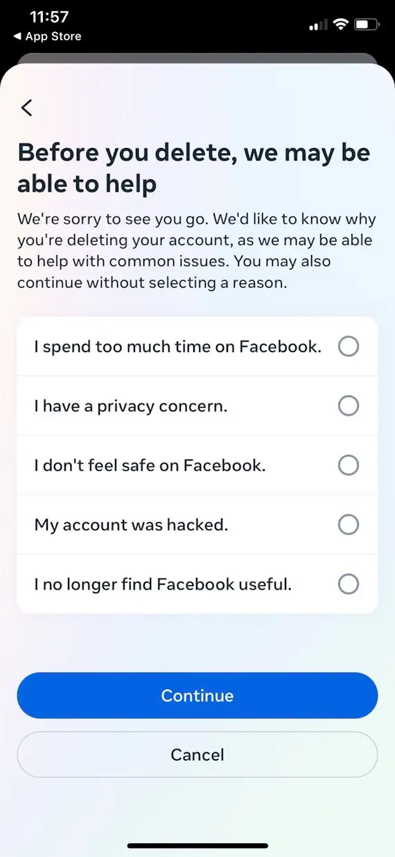 A screenshot of the iPhone Facebook app asking you to select why you're deleting your account before you continue to deletion