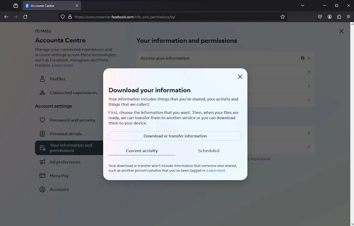 A screenshot of a desktop browser showing the option to download or transfer Facebook account information.