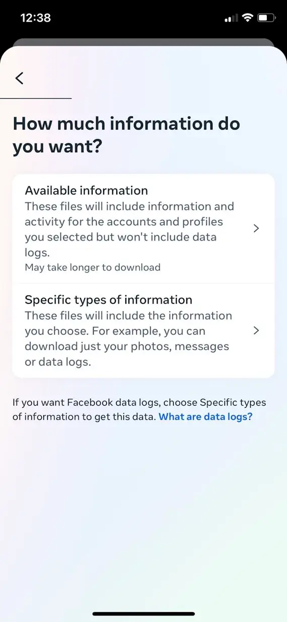 A screenshot of the iPhone Facebook app showing the option to choose between downloading available information or specific types of information.