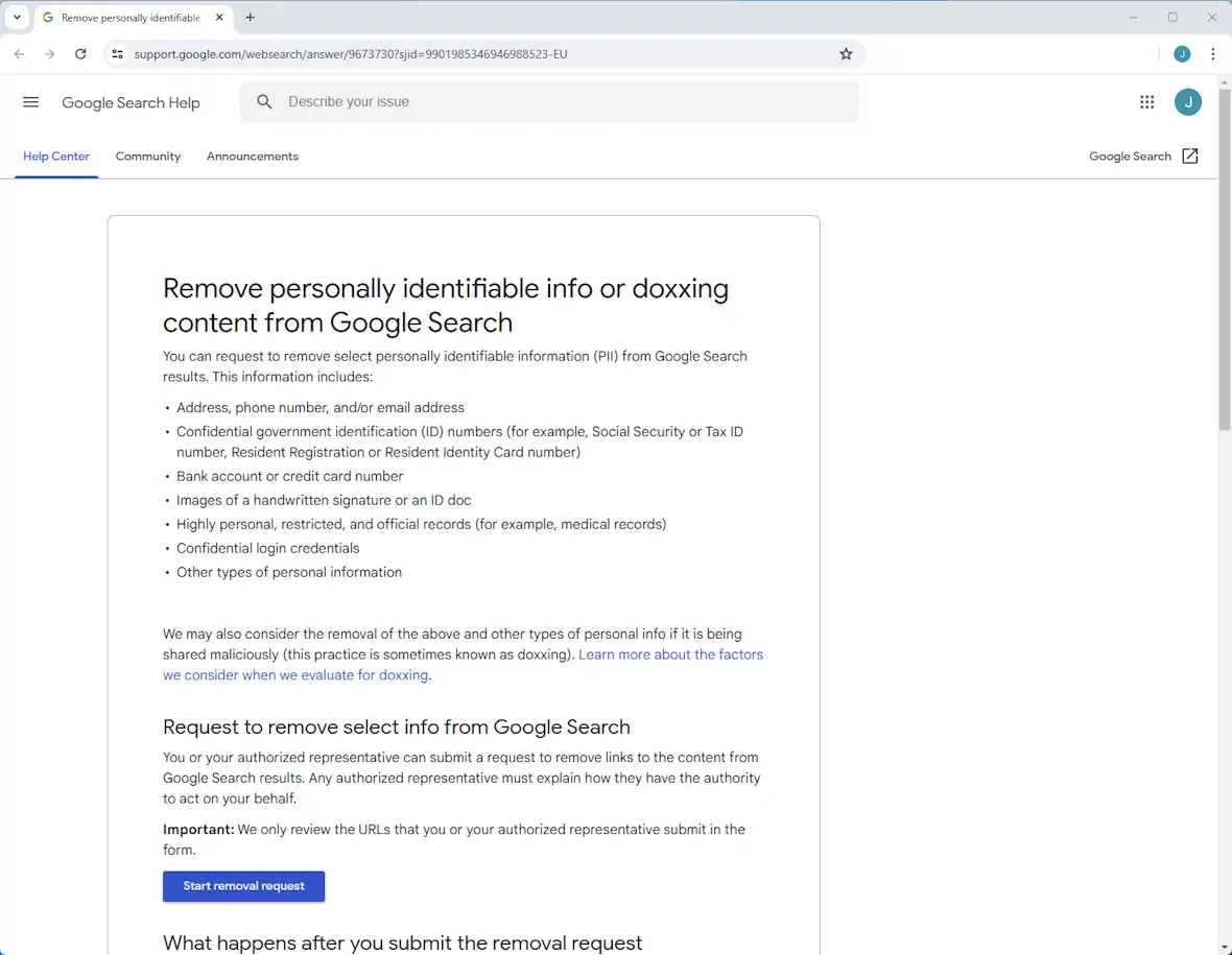 A desktop browser window showing Google's personally identifiable information removal request page.