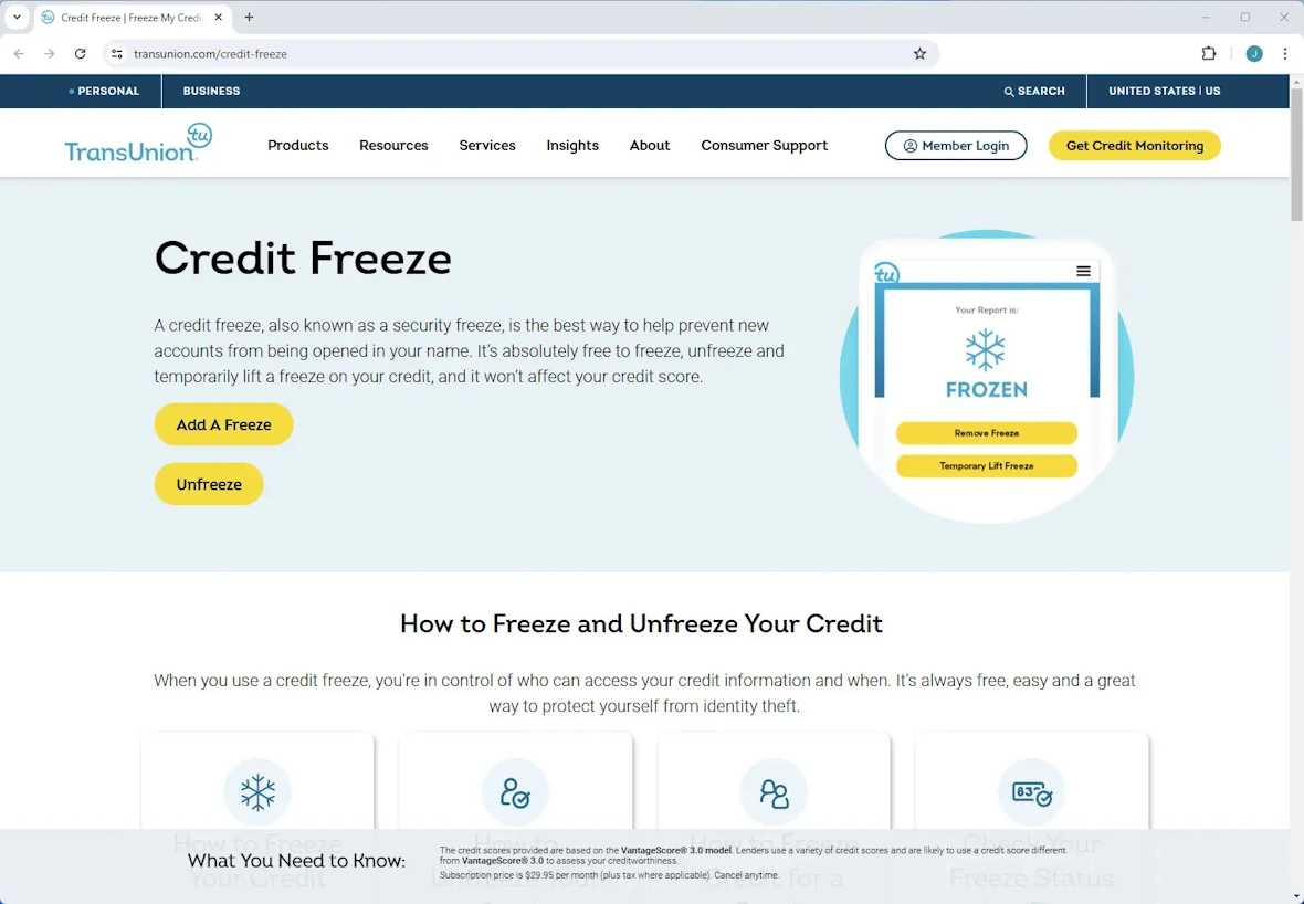 A screenshot of the TransUnion website showing the Credit Freeze page to respond to the theft of your identity.