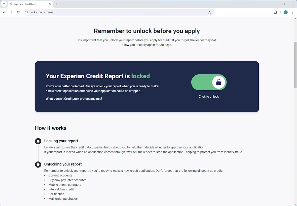 A screenshot of the Experian website showing the Credit Lock page to help prevent identity theft.