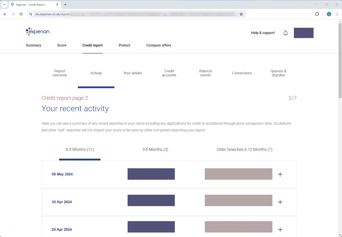 A screenshot of an Experian credit report showing recent activity.