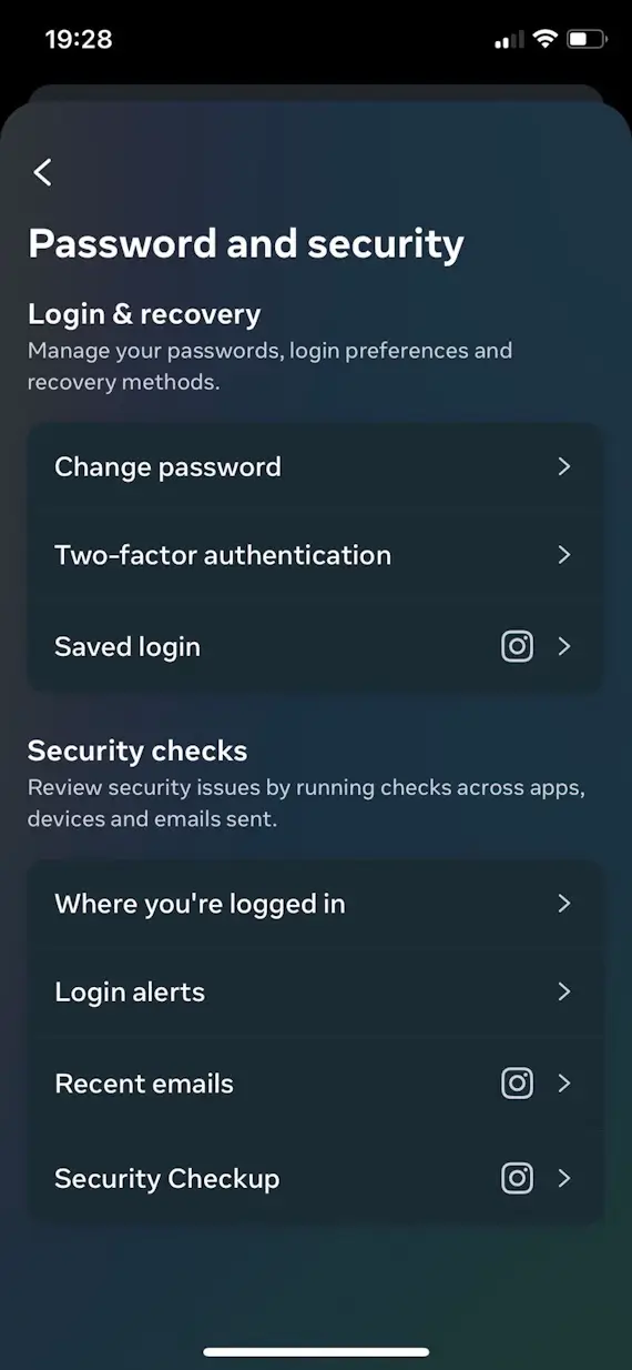 A screenshot of Instagram on iOS showing Password and security Settings page to set up 2-factor authentication (2FA).