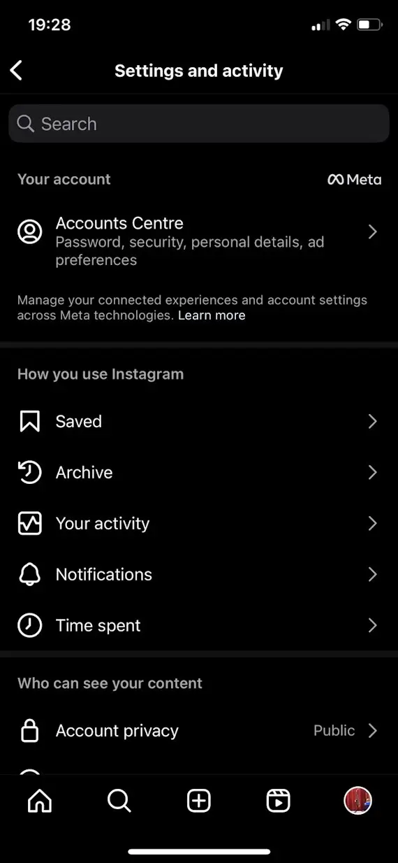 A screenshot of Instagram on iOS iPhone showing the Settings page.