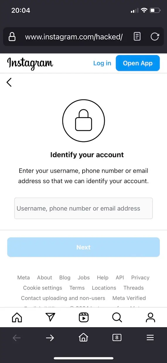I screenshot showing how to report a hacked Instagram account on iOS, step 2.