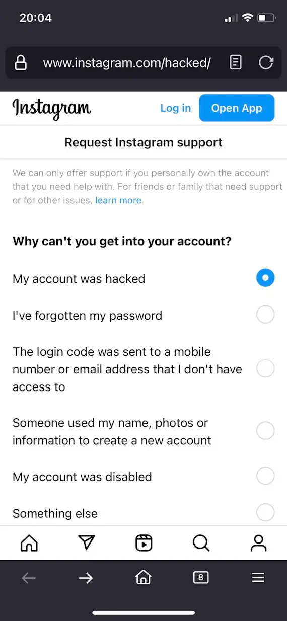 I screenshot showing how to report a hacked Instagram account on iOS, step 1.