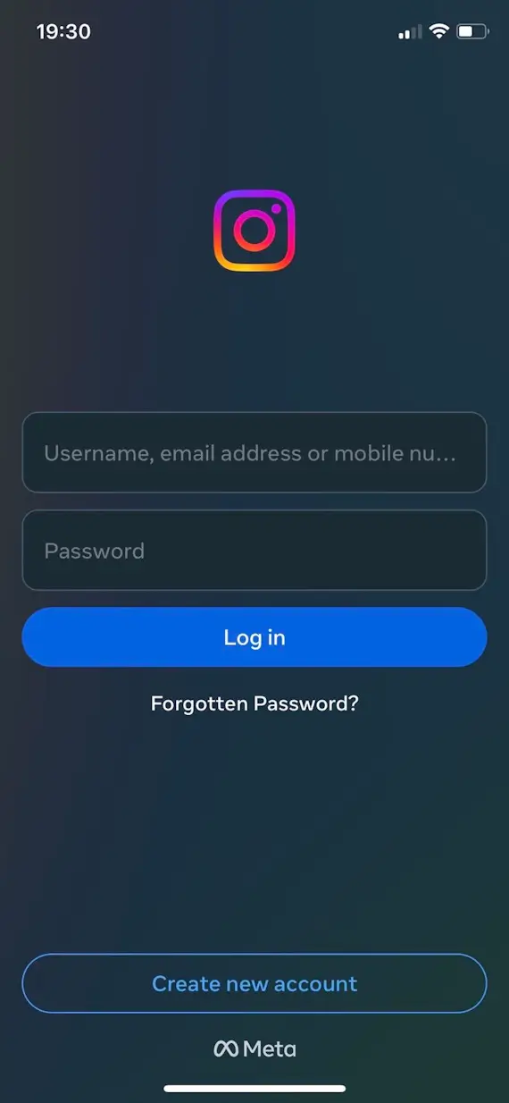 A screenshot of Instagram on iOS iPhone showing the login page.