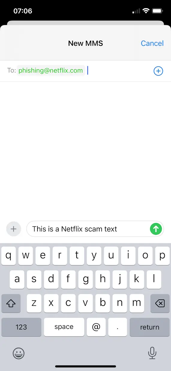 A screenshot showing how to send a Netflix scam report text message.