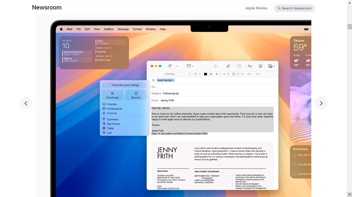 A screenshot of the Apple Intelligence website, showing AI integration into emails.