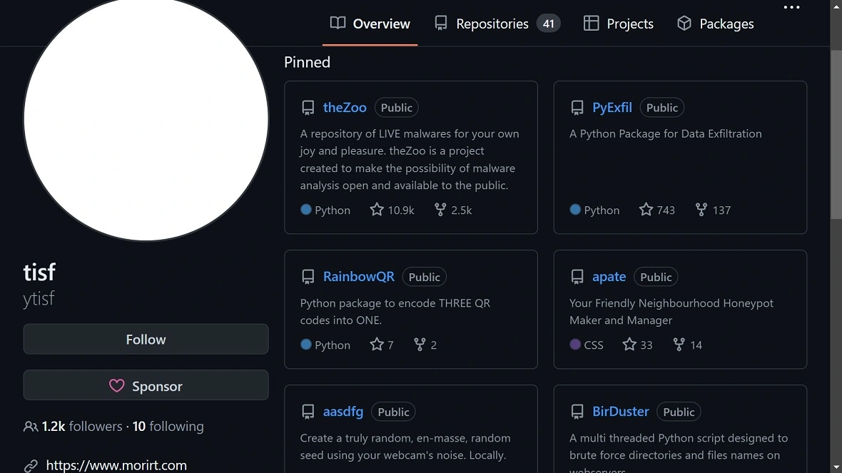 Image of a legitamate GitHub profile that shares malware for educational purposes.