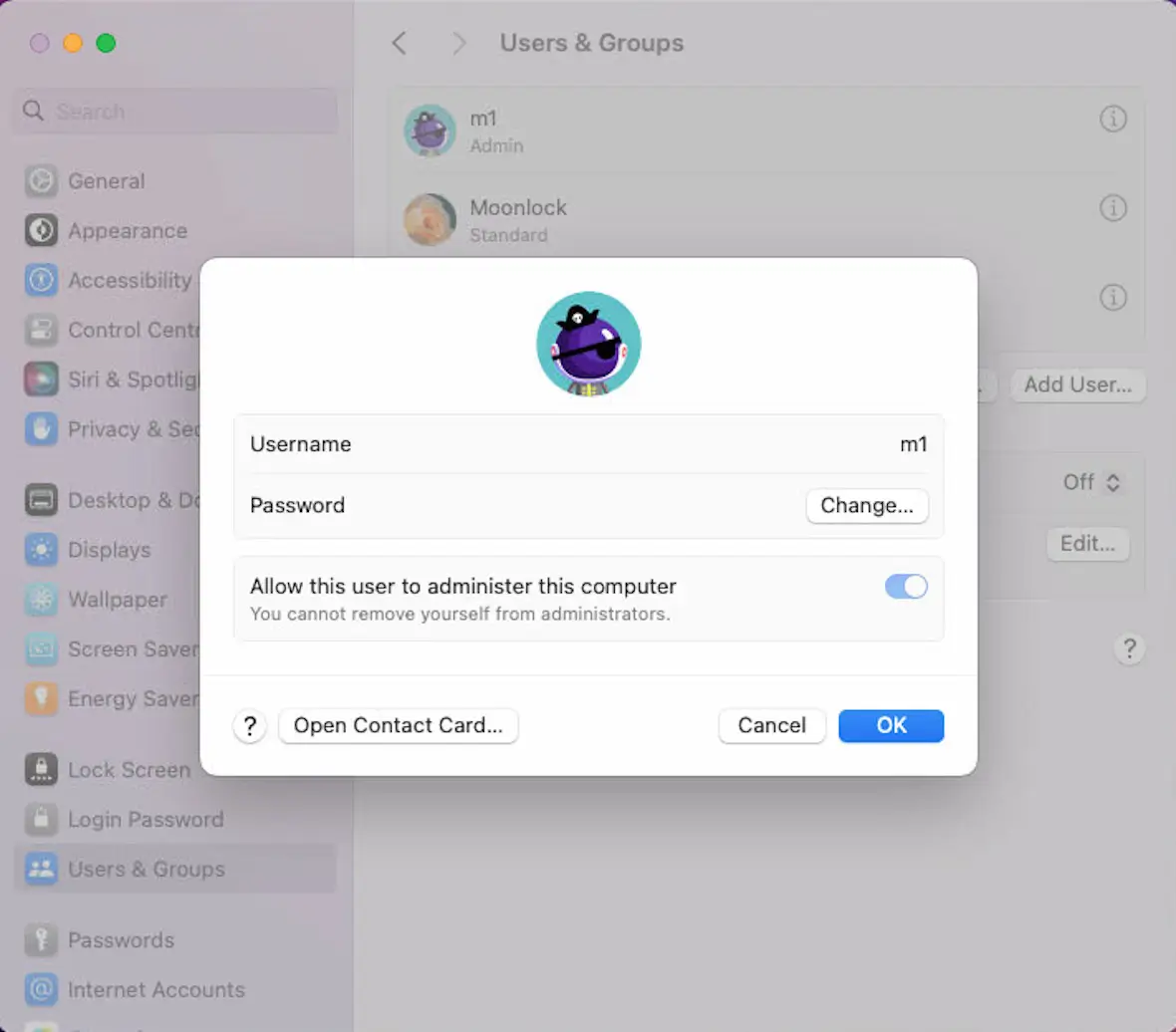 A screenshot showing how to change MacBook password.