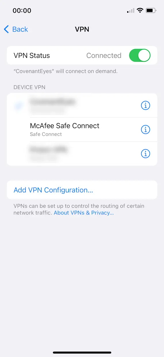 Step 1 for disabling McAfee Safe Connect VPN on iPhone via iOS Settings
