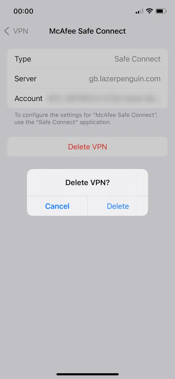 Step 2 for disabling McAfee Safe Connect VPN on iPhone via iOS Settings