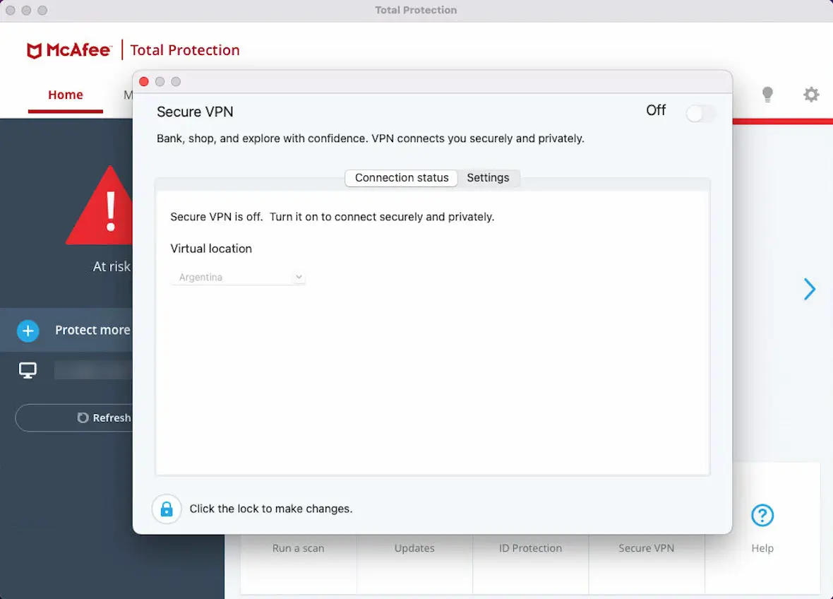 McAfee Total Protection Secure VPN page on Mac.