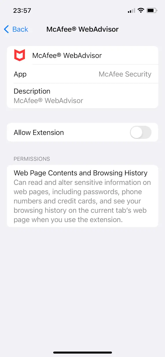 iPhone screenshot showing how to disable McAfee WebAdvisor Safari extension, Step 2.
