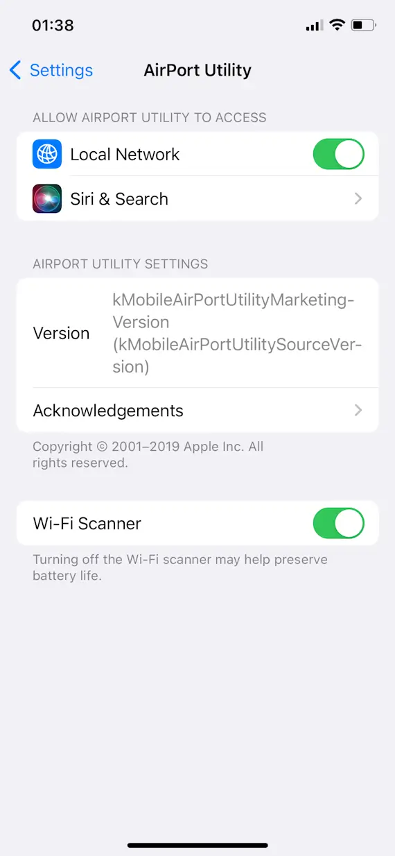 Step 1 for finding a hidden SSID on iPhone using Apple AirPort Utility.