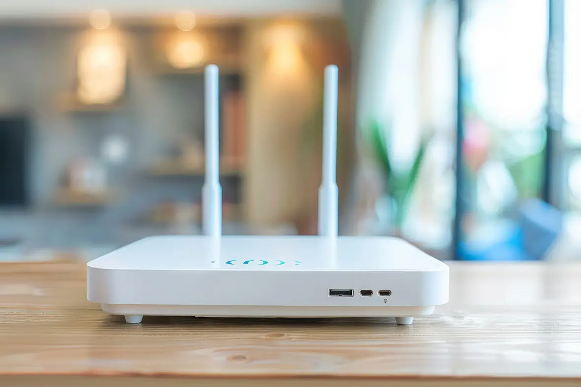 A photo of a home Wi-Fi router on a desk.