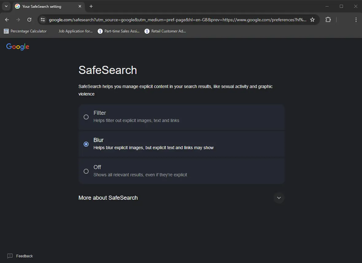 Desktop browser screenshot showing Google SafeSearch settings with Blur enabled.
