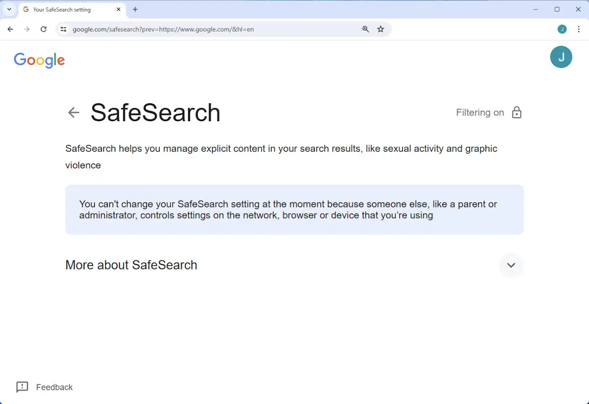 Desktop Chrome browser screenshot showing Google SafeSearch being restricted by another administrator.