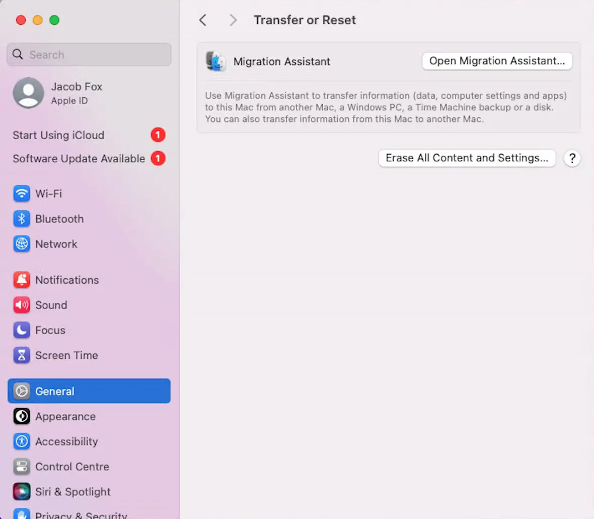 Mac screenshot showing the factory reset page in Settings.