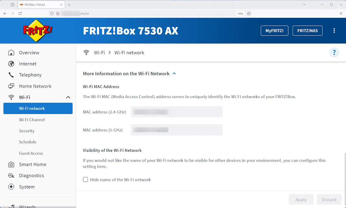 Home router administration page showing the option to hide SSID.