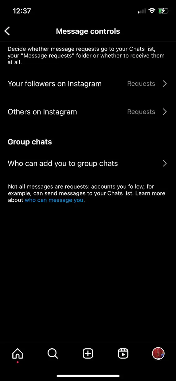 Screenshot showing step 2 for blocking messages from unknown contacts on the iPhone Instagram app