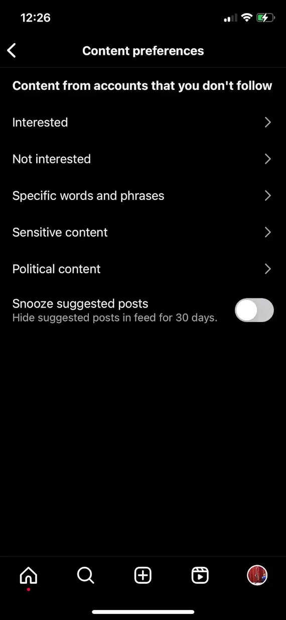 Screenshot showing step 2 for enabling sensitive content controls on the iPhone Instagram app
